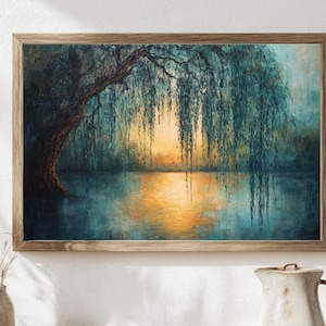 Weeping Willow Vintage Oil Painting, Printable Lake Painting, Vintage Landscape Art Print, Digital Download Wall Art, Willow Tree Print
