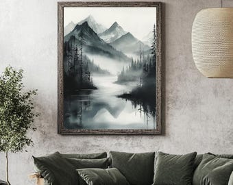 Printable Mountain Range Watercolor Painting, Printable Painting, Vintage Art Print, Digital Download Wall Art, Forest Art Print