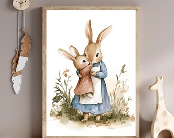 Rabbit Nursery Print, Downloadable Artwork, Vintage Style Nursery PRINTABLE Wall Art, Mom & Baby Print, Antique Nursery Decor, Baby Nursery