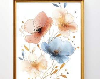 Floral Watercolor Art Prints, Downloadable Botanical Artwork, Watercolor Flowers Download Print, Modern Artwork, Digital Download Wall Art
