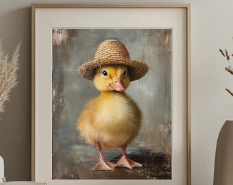 Printable Oil Portrait Painting of Silly Duckling, Western Nursery Theme, Silly Duckling Print, Cowboy Hat, Digital Download