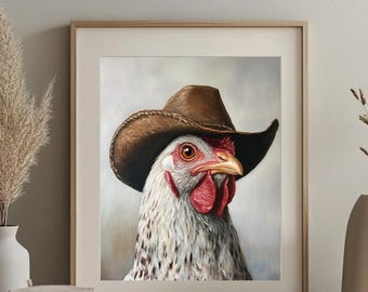 Printable Oil Portrait Painting of Silly Cowboy Chicken, Western Nursery Theme, Silly Chicken Print, Cowboy Hat, Digital Download