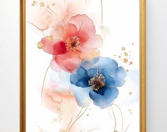 Floral Watercolor Art Prints, Downloadable Botanical Artwork, Watercolor Flowers Download Print, Modern Artwork, Digital Download Wall Art
