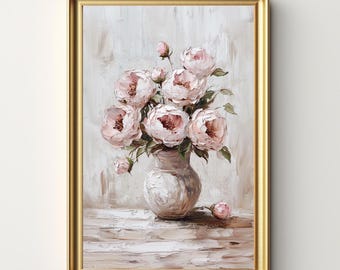 Pintura a óleo de peônia, arte botânica para download, impressão de arte de flores vintage em vaso, arte de parede para download digital, impressões de peônias