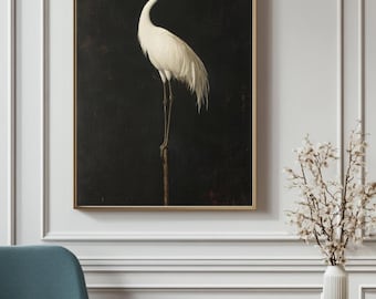 Crane Painting Downloadable Print, Bird Artwork, Oil Painting Artwork, Bird Printing, Digital Download, Japanese Crane Painting