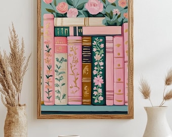 Pastel Book Art Portrait, Downloadable Wall Art, Bookshelf Wall Print, Book Nook Poster, Vintage Painting, Digital Download, Book Lover Gift