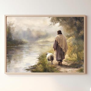May include: A painting of a man in a long robe walking with a white lamb on a path by a river. The background is a misty forest.