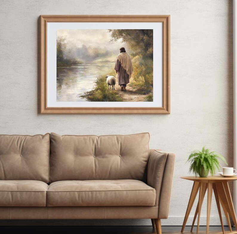 May include: A painting depicting a figure in a long robe walking with a sheep along a path beside a river. The scene is set in a misty woodland with a soft, muted colour palette.