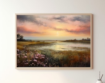Vintage Sunset Landscape Oil Painting, Printable Floral Landscape Painting, Sunset Landscape Art Print, Digital Download Wall Art