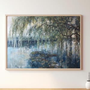 Weeping Willow Vintage Oil Painting, Printable Lake Painting, Vintage Landscape Art Print, Digital Download Wall Art, Willow Tree Print