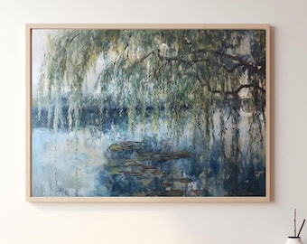 Weeping Willow Vintage Oil Painting, Printable Lake Painting, Vintage Landscape Art Print, Digital Download Wall Art, Willow Tree Print