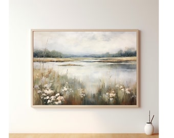 Vintage Spring Landscape Oil Painting, Printable Landscape Painting, Landscape Art Print, Digital Download Wall Art, Vintage Pond Print