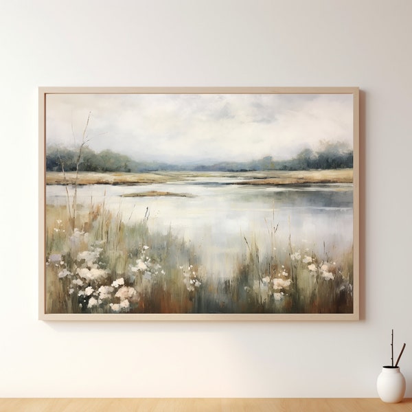 Vintage Spring Landscape Oil Painting, Printable Landscape Painting, Landscape Art Print, Digital Download Wall Art, Vintage Pond Print