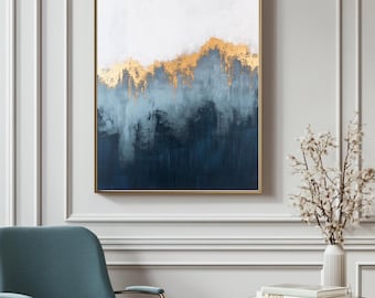 Printable Blue, White and Gold Color Abstract Oil Painting, Minimalist Art Print, Digital Download Wall Art, Vintage Abstract Print