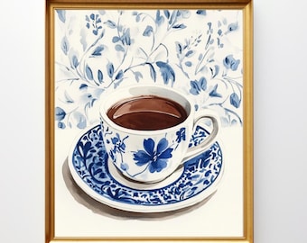 Coffee Cup Art Portrait, Downloadable Wall Art, Antique Coffee Wall Print, Kitchen Artwork, Vintage Painting, Digital Download