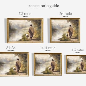 May include: A guide to different aspect ratios for framing artwork, with examples of each ratio. The image shows a painting of a person walking with a lamb along a river path.