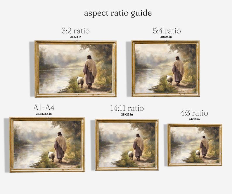 May include: A guide to different aspect ratios for framing artwork, with examples of each ratio. The image shows a painting of a person walking with a lamb along a river path.