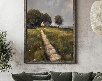 Vintage Country Cottage Oil Painting, Printable Country Cottage Painting, Landscape Art Print, Digital Download Wall Art, French Country Art