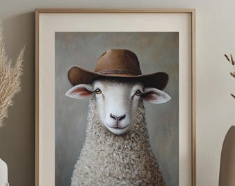 Printable Oil Portrait Painting of Silly Cowboy Sheep, Western Nursery Theme, Silly Sheep Print, Cowboy Hat, Digital Download