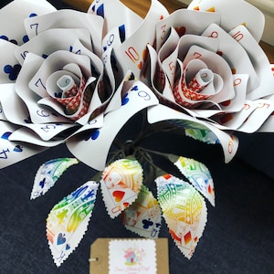 Playing card roses rainbow themed x2 + bottle vase, Alice in wonderland themed roses, poker night decor, casino themed party, magic decor