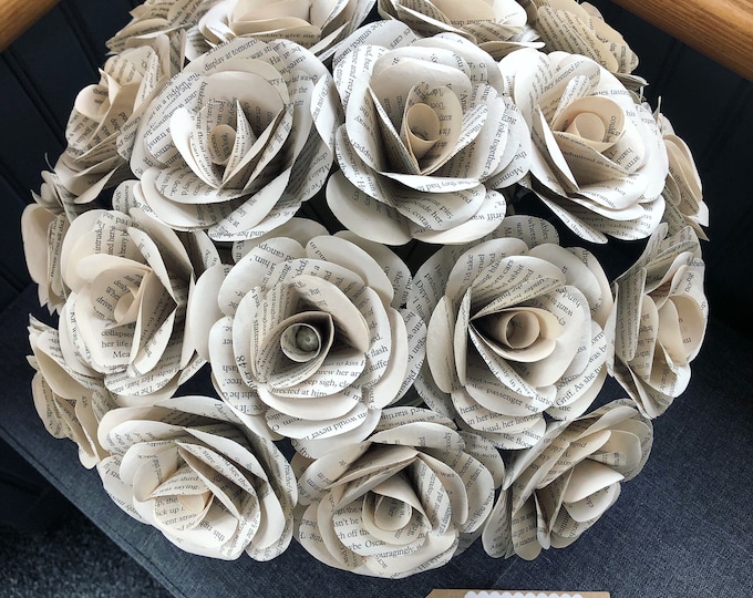 Book Page Rose Bouquet: Handmade Paper Flowers with display Bucket. 20 roses, gift ideas