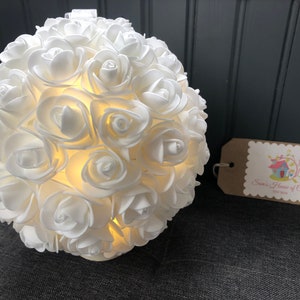 Light up White Rose flower ball, kissing ball, Pomander, rose flowers, home decor, wedding, bridesmaid flowers, nightlight