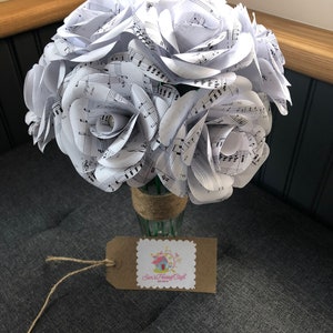 Personalised Paper Roses x10 + bottle vase, printed with sheet music of your choice please read details and messages me before purchase.
