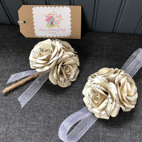 Rose buttonhole + Rose corsage sheet music themed, rustic themed wedding accessories,flower buttonhole,shabby chic,boutonnière, rose corsage