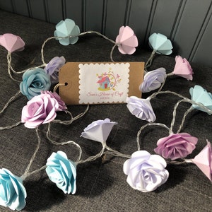 Set of 20 Origami rose fairy lights white, blue and lilac themed paper flower lights ,home Decor,office decor,rose lights, paper, gifts