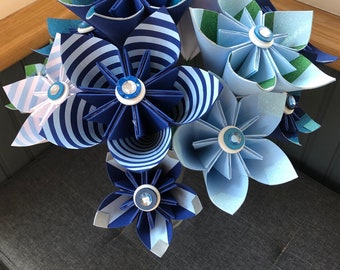 Origami kusudama paper flowers, blue  themed paper flowers, home decor