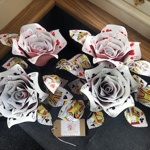 Playing card roses x4 Alice in wonderland themed roses, poker night decor, casino themed party, magic decor