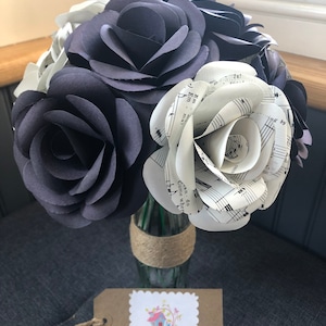Paper roses on wire stem x10 made from sheet music and black themed paper + bottle vase. home decoration,flower gifts, wedding flowers