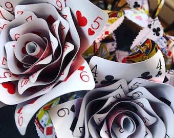 Playing card roses x2 + bottle vase, Alice in wonderland themed roses, poker night decor, casino party, back of card red, birthday gift