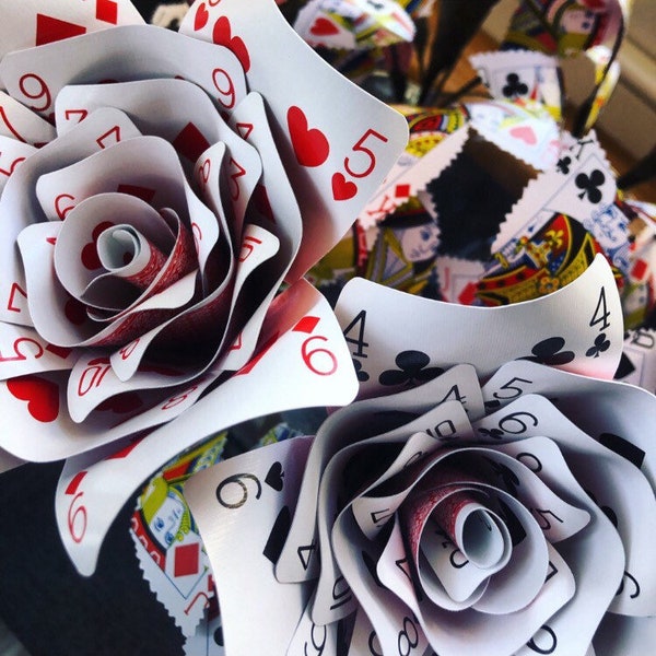 Playing card roses x2 + bottle vase, Alice in wonderland themed roses, poker night decor, casino party, back of card red, birthday gift