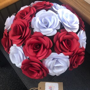 x20 Paper roses red and white themed + Bucket Display vase Valentine Day Gift, Mother&#39;s Day Gift, Rose Bouquet, Gift Ideas,paper flowers