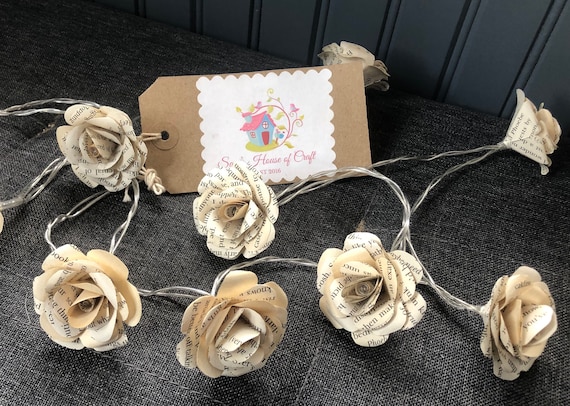 Set of 10 Origami Rose Fairy Lights: Book Page Paper Flower Decor