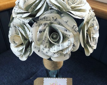 Paper Roses musical note themed x10 + bottle vase made from vintage sheet music pages. centrepiece, gift ideas, wedding, shabby chic