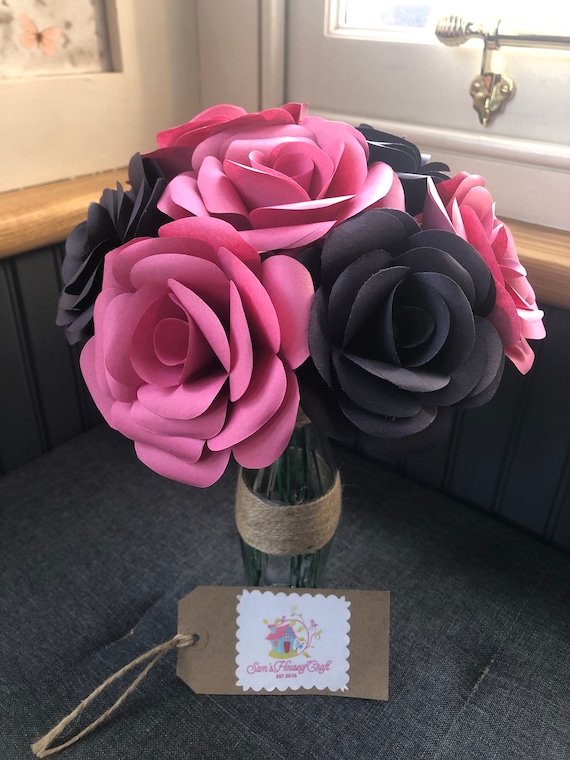 Paper Roses X10 Made From Pink and Black Paper Bottle Vase, Home