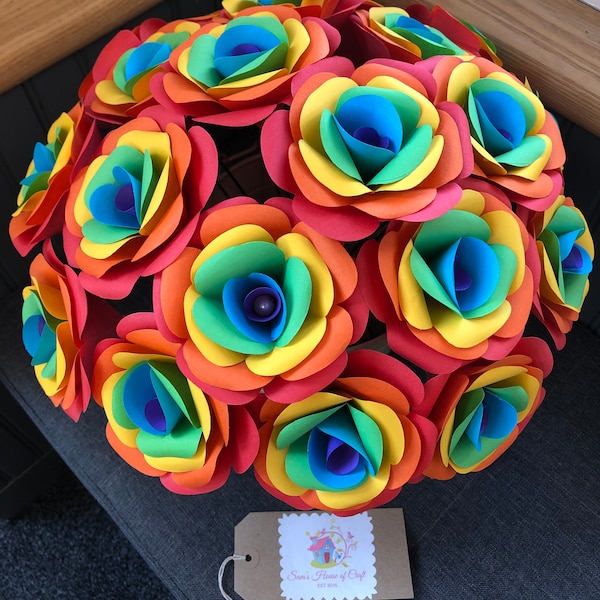 Rainbow Paper Rose Bouquet with display Bucket - Handmade Floral Display