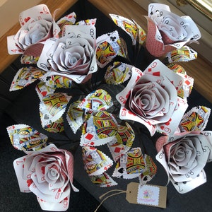 Playing card roses x6 big bouquet, Alice in wonderland themed roses, poker night decor, casino themed party,