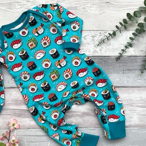 Happy Sushi Baby Sleep Suit | Organic fabric | Babygro, Romper, Sleepsuit | New Baby Gift | Unisex Baby Sleepsuit | Japanese Style