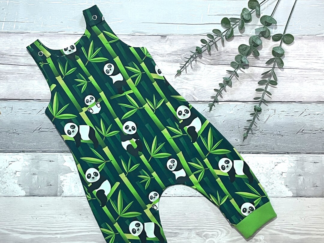 Panda Baby Dungarees, Panda and Bamboo Baby Romper, Fun Baby Clothes