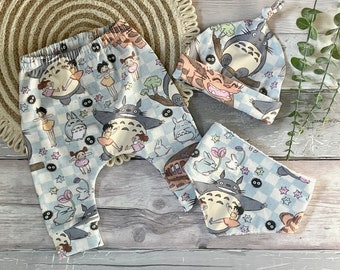 Totoro New Baby Gift Set, 0-3 up to 6-12 months, Leggings with Knotted Hat and Dribble Bib, Kawaii Baby Shower Gift