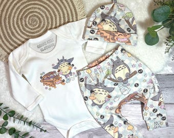 Totoro and Catbus Baby Gift Set: Kawaii Leggings, Bodysuit & Knotted Hat Set