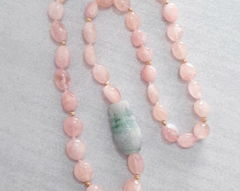 Green jade pink morganite gold long necklace, Mother's day gift , vase carved jade beaded gemstone jewelry, Pink Beryl , Gift for Her