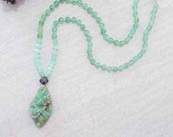 Green Chrysoprase Lapis Pendant Necklace, Gemstone Carved Beaded Long Statement Necklace, Australian Jade