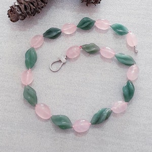 Rose Quartz & Aventurine Beaded Necklace, 925 Sterling Silver Clasp