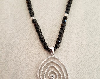 Tiny Black Spinel Necklace With CZ Swirl Pendant, Gemstone Beaded Jewelry, Sterling Silver