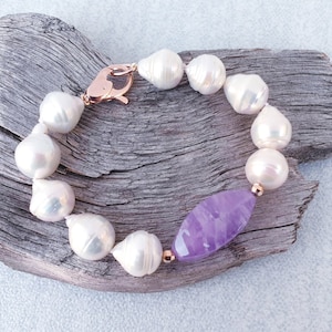 Barocke Perle Amethyst Armband, Edelstein Perlen Aussage Schmuck, Geschenk für sie, Juni Februar Geburtsstein, BrautSchmuck, rose Gold