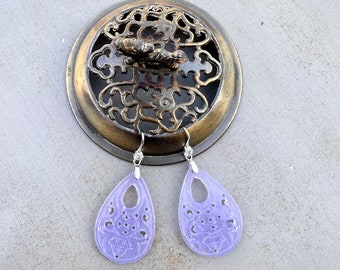 Lavender Jade Carved Drop Earrings: Sterling Silver Chinese Jewelry
